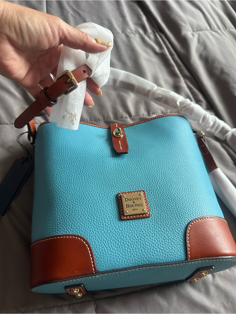 Dooney & Bourke Turquoise Pebble Leather Shoulder Bag with Brown Trim